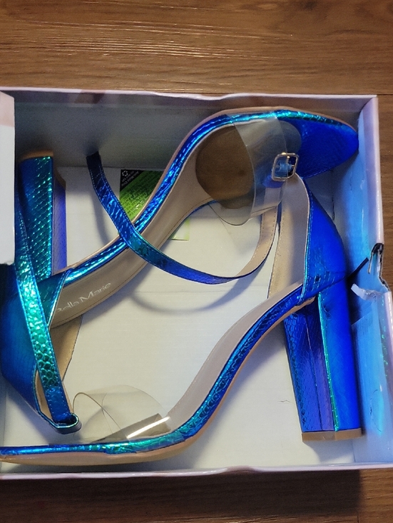 Bella Marie Shoes - Bella Marie Iridescent Blue Green Block Heel Sandals